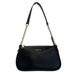 Missnine Black Shoulder Bag Mini Baguette Purse Vegan Leather Gold Chain Zip NEW
